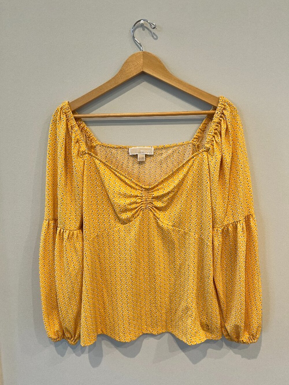 Michael Kors Yellow Floral Print Peasant Sleeve Top – Square/Sweetheart Neck – S